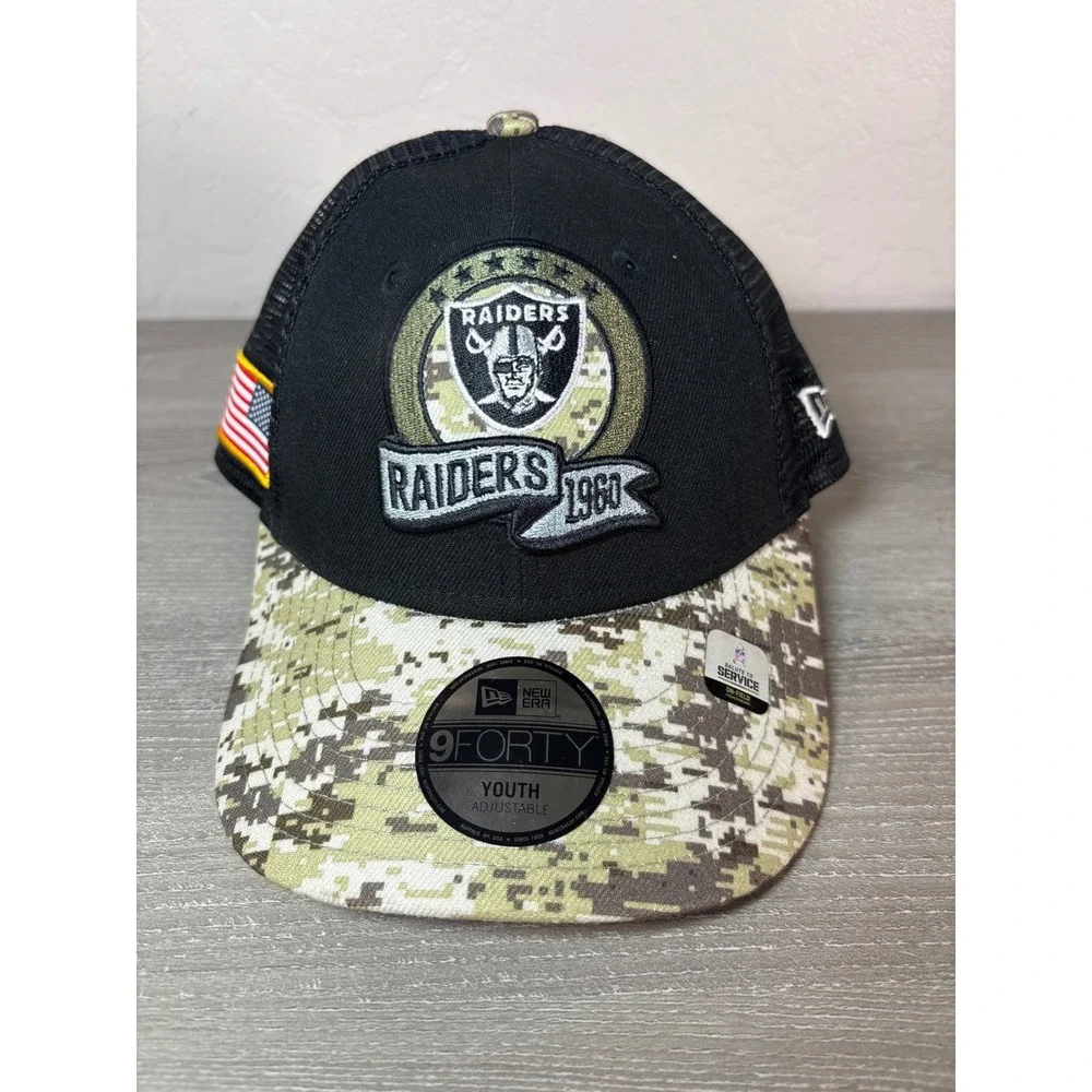 New Era Las Vegas Raiders 9FORTY Youth Salute to Service Camo Trucker Hat‎ Black